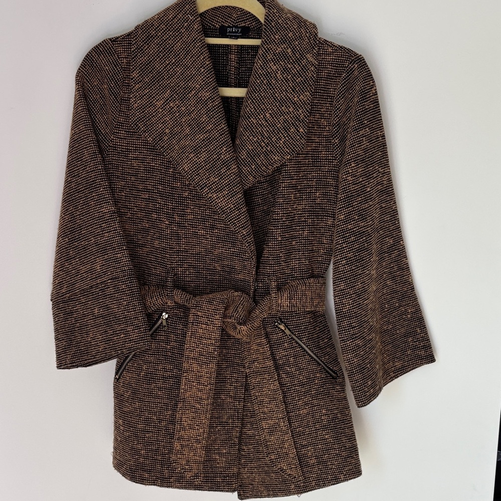 privy Brown Tweed Belted Trench Coat